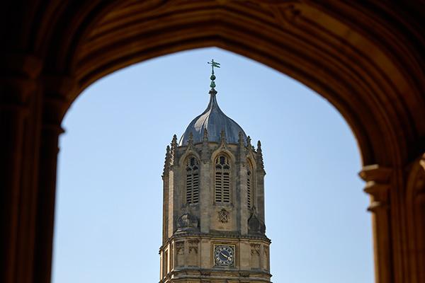 The top of Tom Tower viewed from the Cathedral entrance way