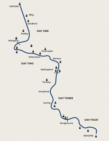 A simple map showing the route of Frideswide's Way along the Thames Path