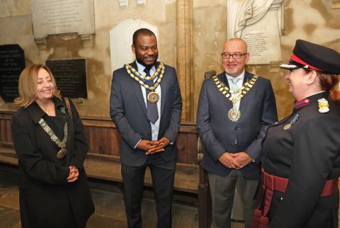 Cllr Rawda Jehanli, Deputy Mayor of Abingdon; Cllr Dr Chukwudi Okeke, Chairman of Cherwell District Council; Cllr Damien Maguire, The Mayor of Bicester; Lynda Atkins, the Vice Lord-Lieutenant of Oxfordshire. The Councillors are wearing their gold chains of office, while the Vice-Lord Lieutenant wears her black and red uniform