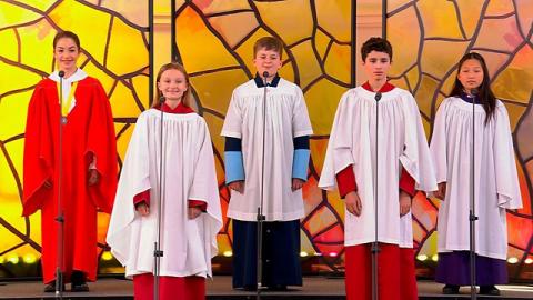 The 5 singers in the Junior semi final of BBC Young Chorister of the YEar in their cassocks and surplices. Jihyo, from Frideswide Voices, is on the furthest right.