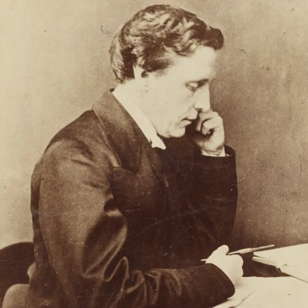 Composite image, photograph of Lewis Carroll and illustration of the White Rabbit from chapter 1 of Alice's Adventures in Wonderland