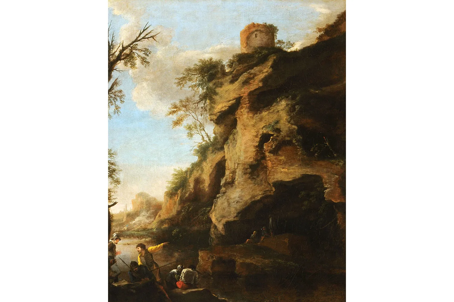 Painting 'A Rocky Coast, with Soldiers Studying a Plan' by Salvator Rosa