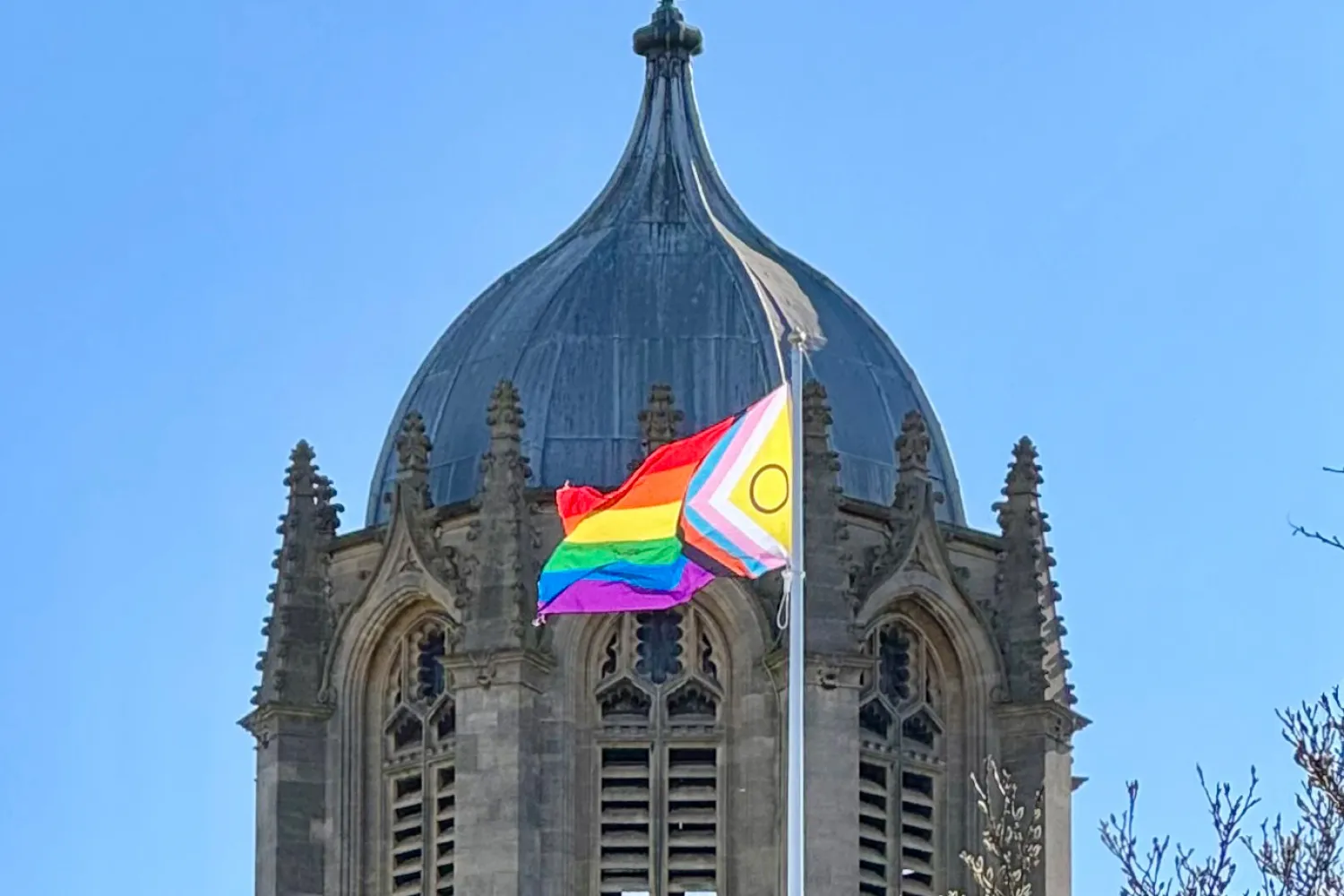 Unity flag against Tom Tower