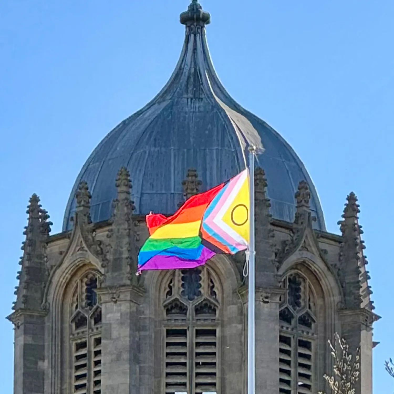 Unity flag against Tom Tower